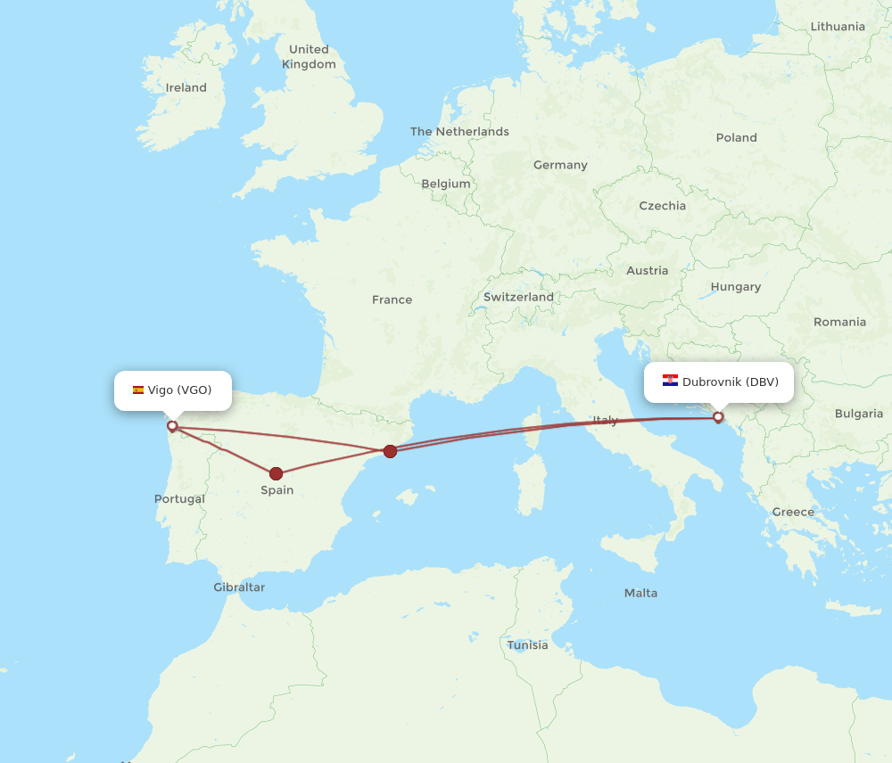 DBV to VGO flights and routes map