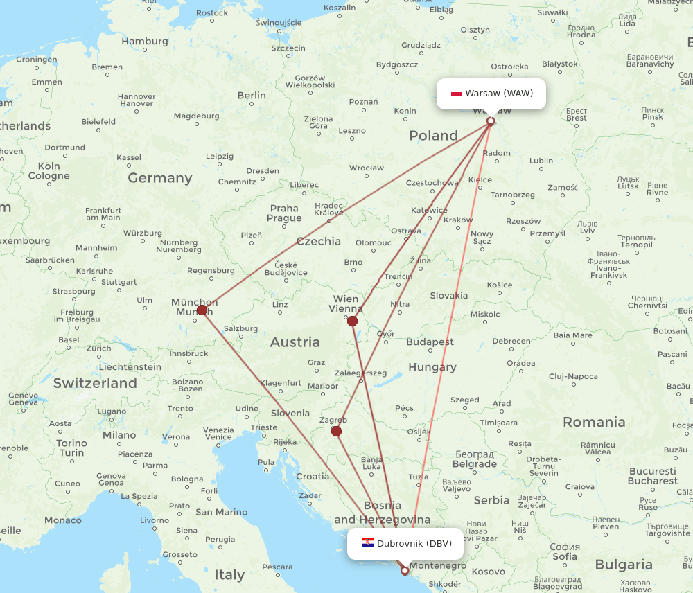 DBV to WAW flights and routes map