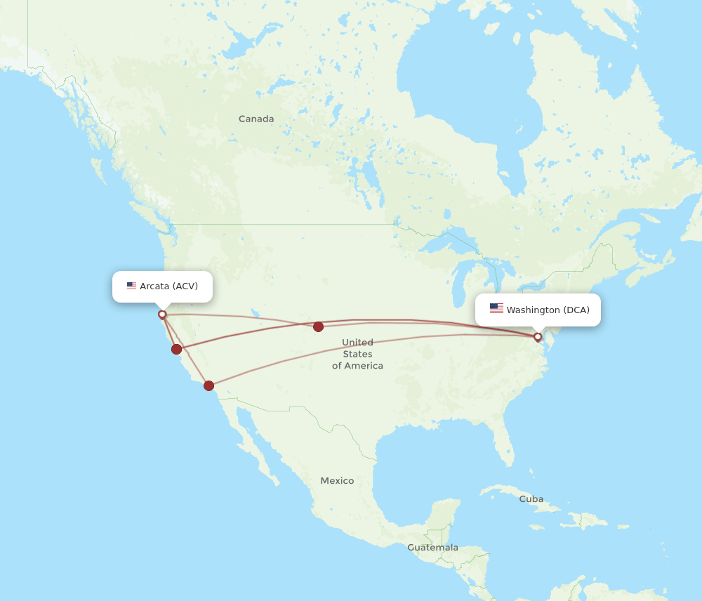 DCA to ACV flights and routes map