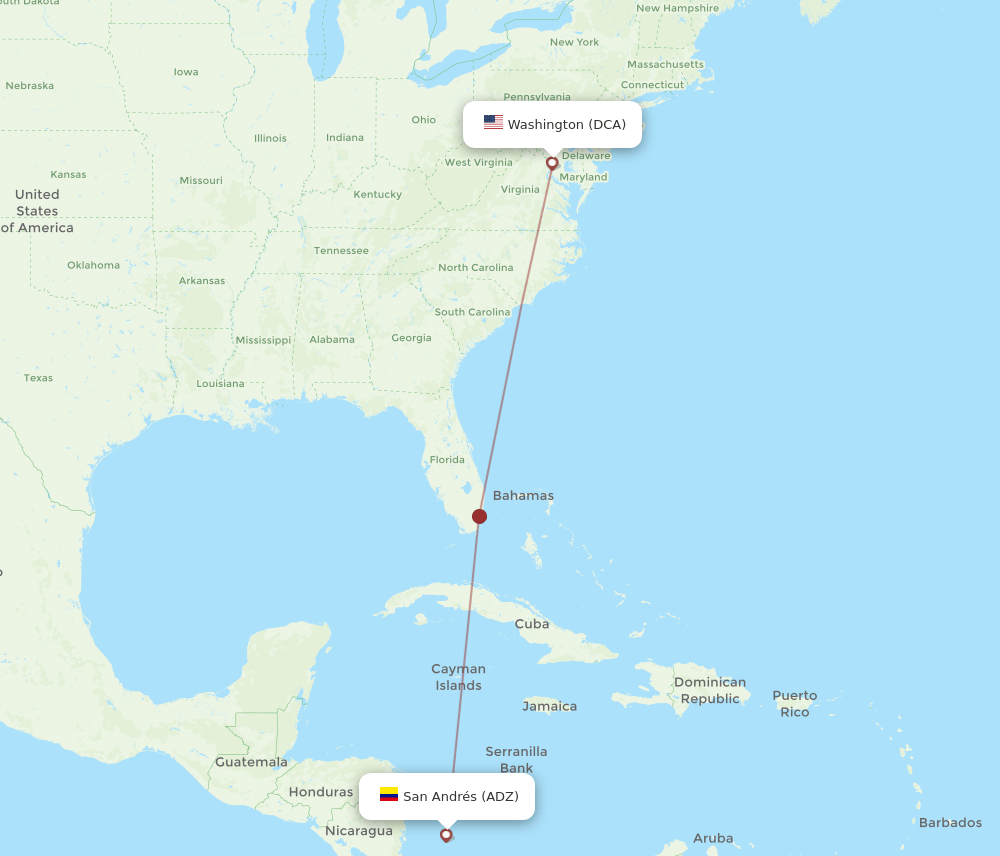 Washington - San Andres Island route map and flight paths
