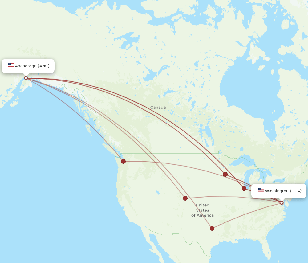 DCA to ANC flights and routes map