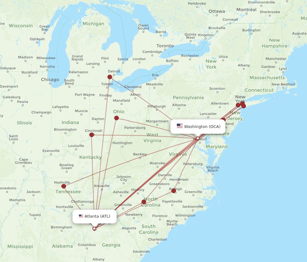 Washington - Atlanta route map and flight paths