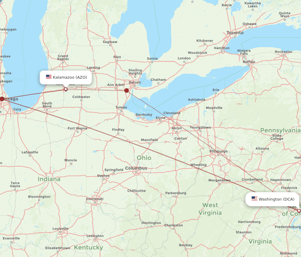 DCA to AZO flights and routes map
