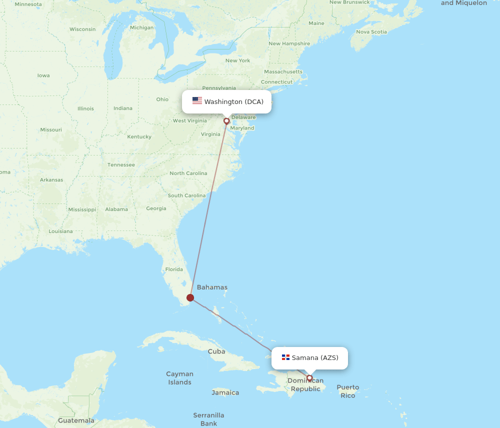 Washington - El Catey/Samana route map and flight paths