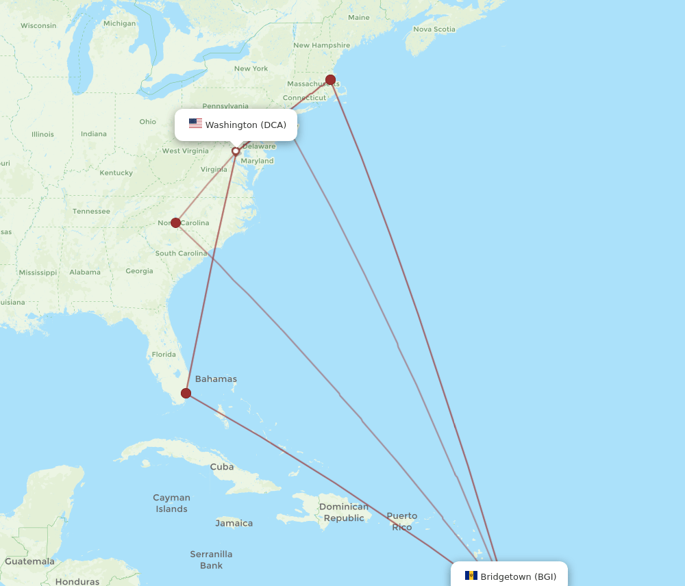 DCA to BGI flights and routes map