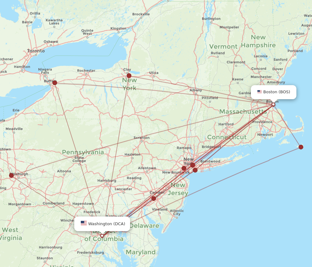 Washington - Boston route map and flight paths