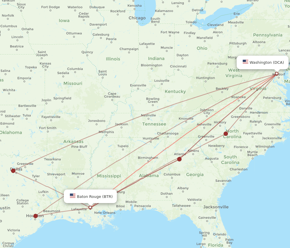 DCA to BTR flights and routes map