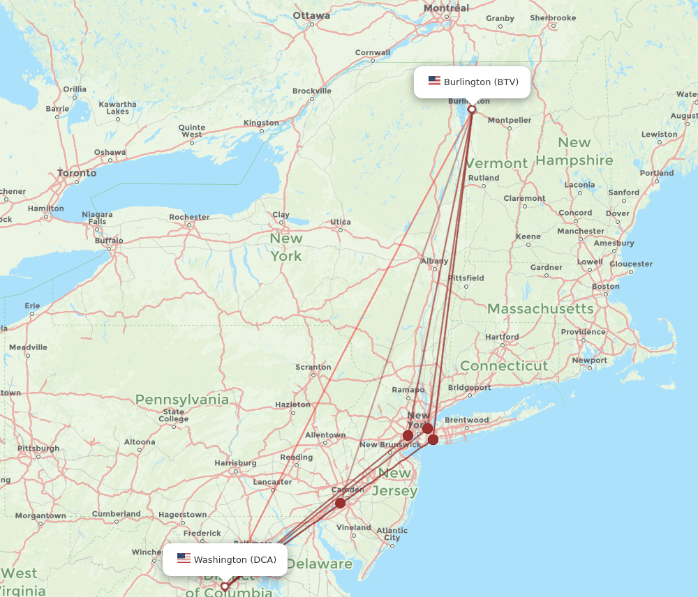 DCA-BTV flight routes