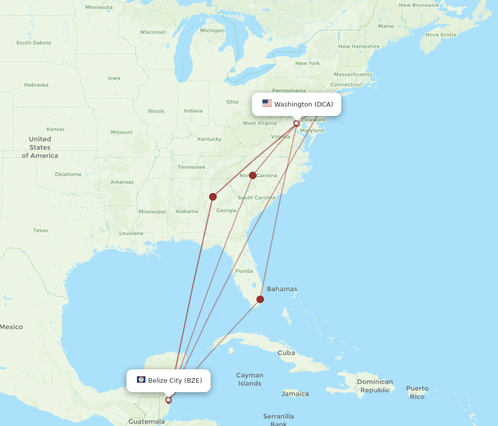 DCA-BZE flight routes