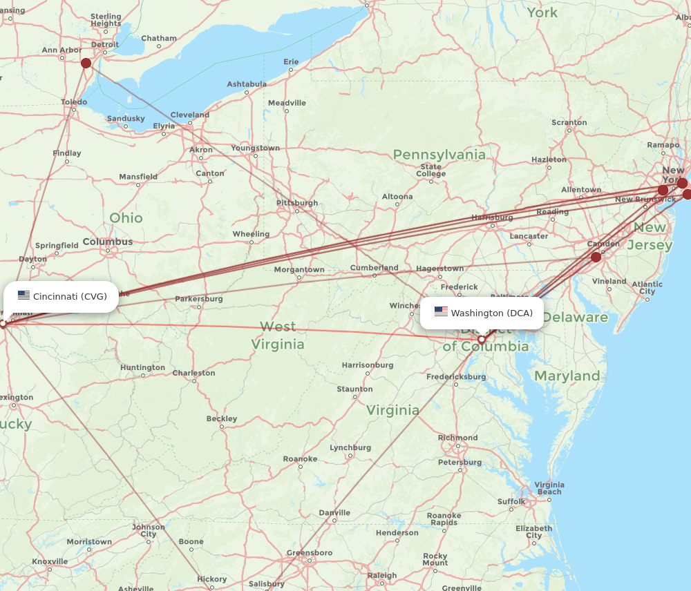 DCA-CVG flight routes