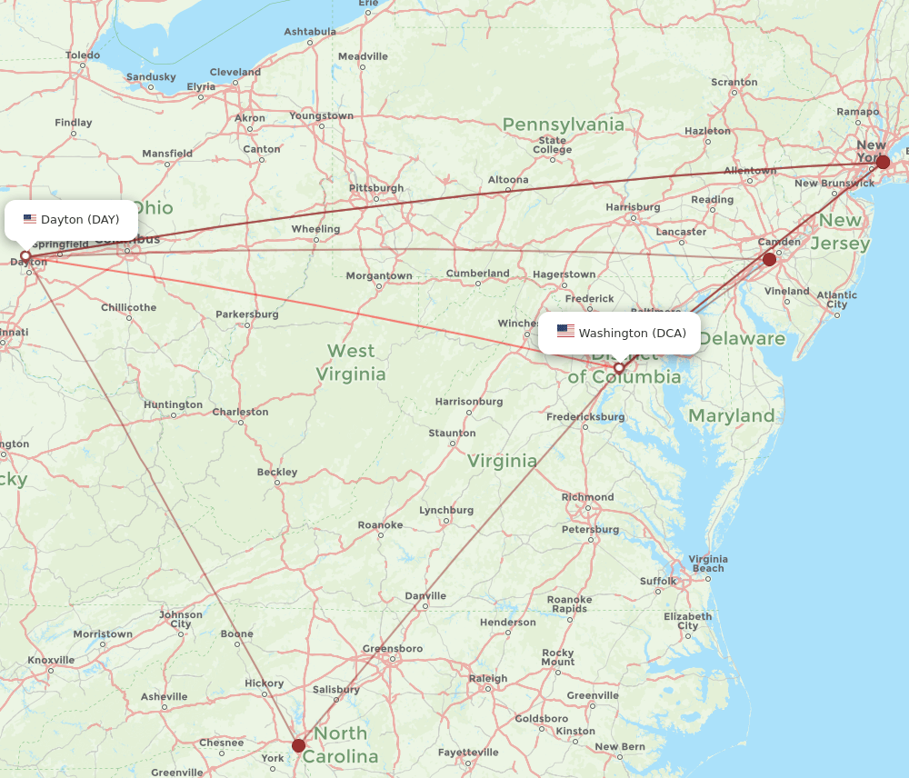 DCA to DAY flights and routes map