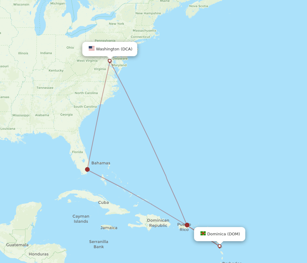 DCA to DOM flights and routes map