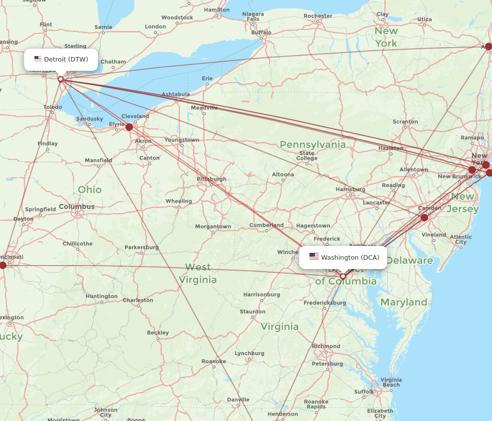 DCA-DTW flight routes