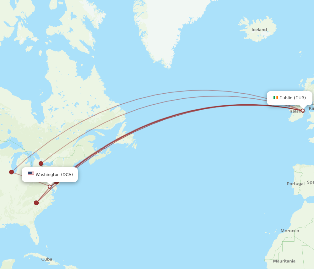 DCA to DUB flights and routes map