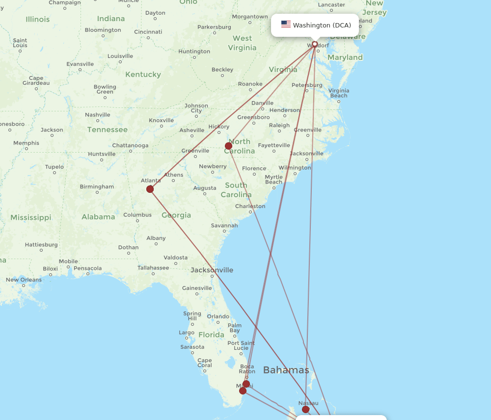 DCA to GGT flights and routes map