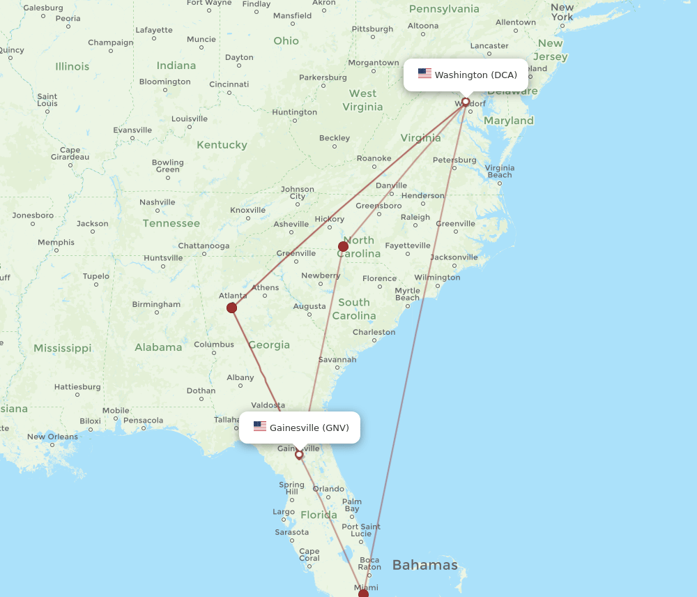DCA to GNV flights and routes map
