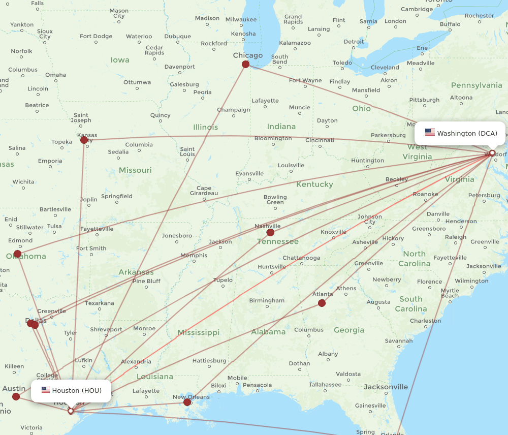 DCA-HOU flight routes