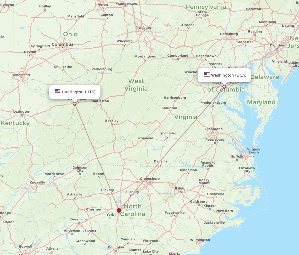 DCA to HTS flights and routes map