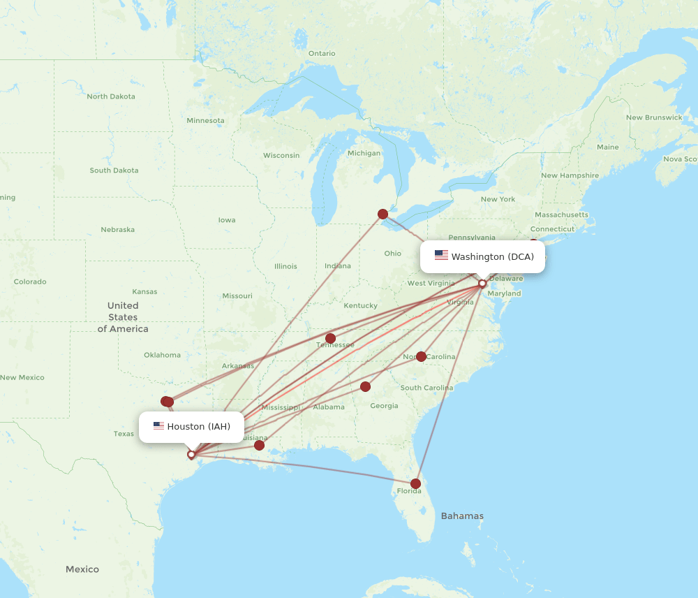 DCA to IAH flights and routes map