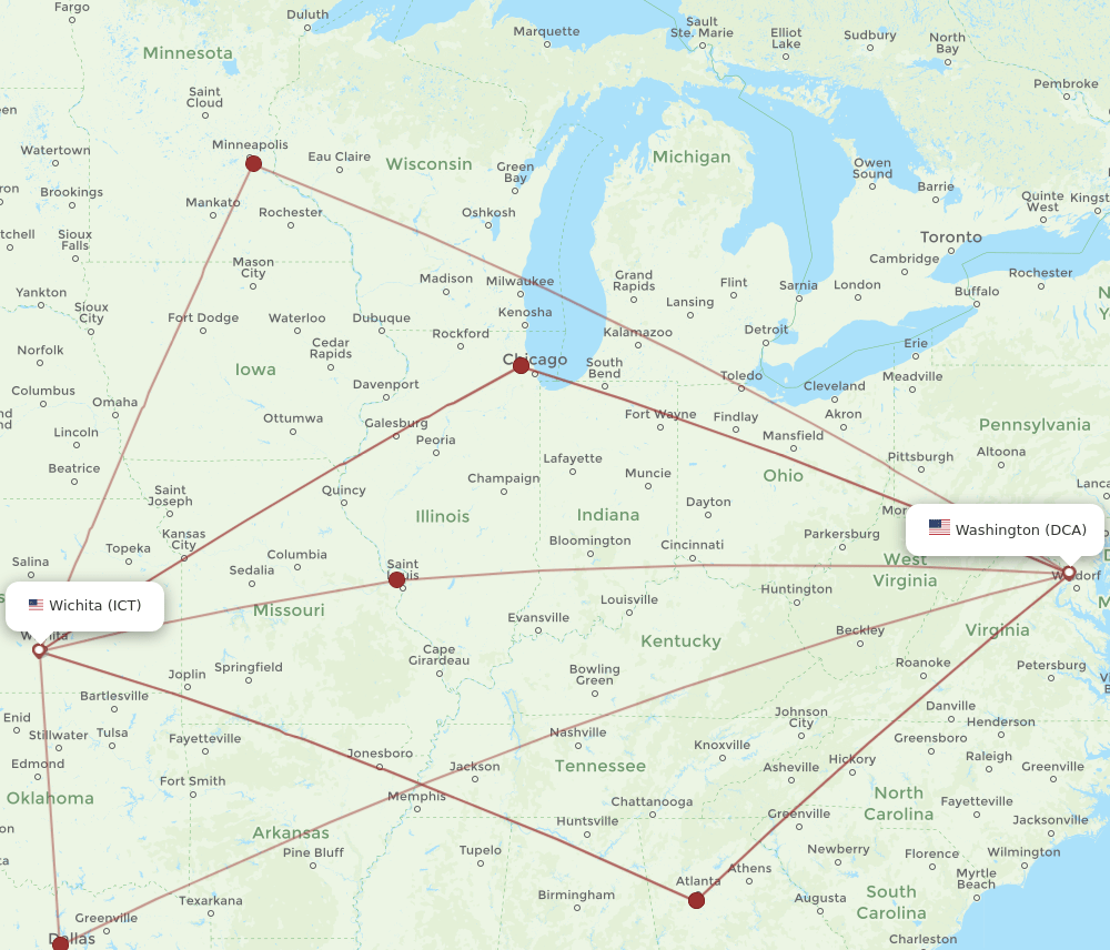 DCA to ICT flights and routes map