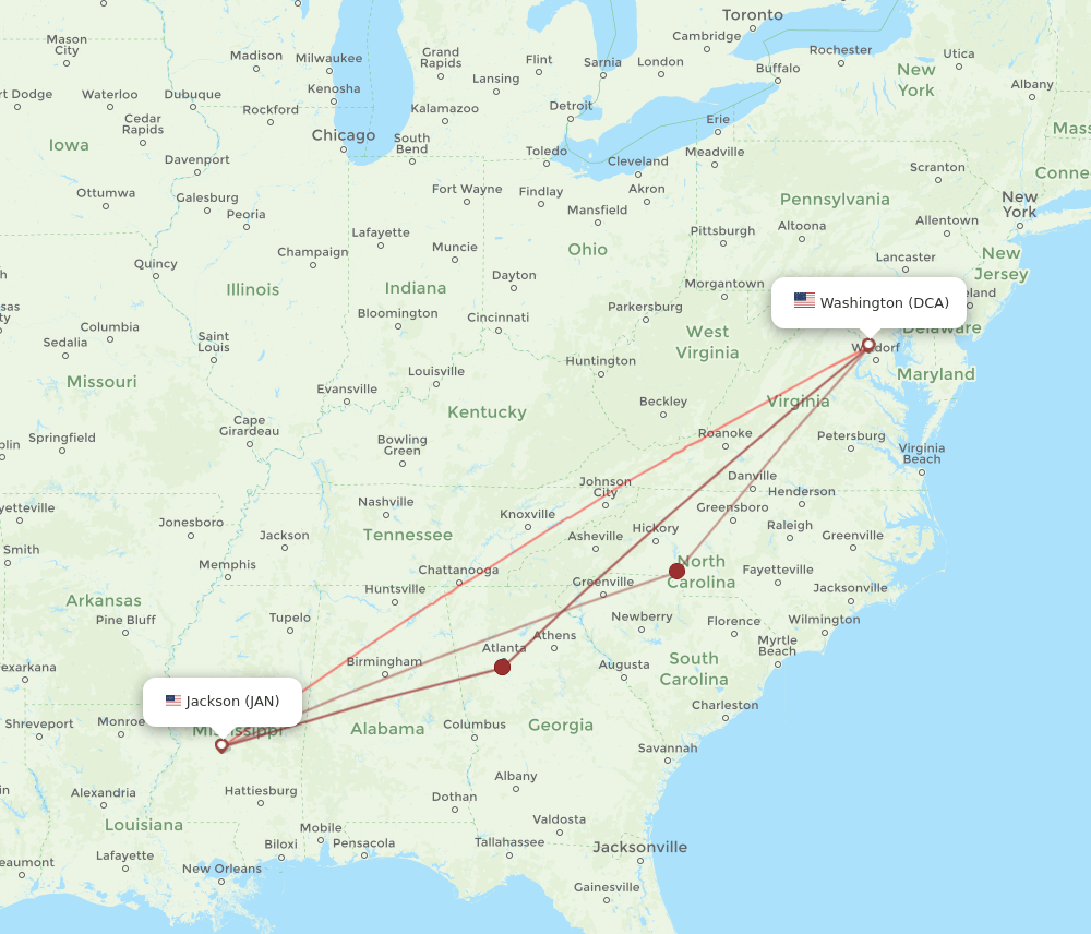 DCA-JAN flight routes