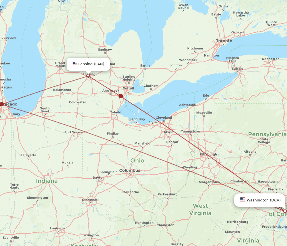DCA to LAN flights and routes map