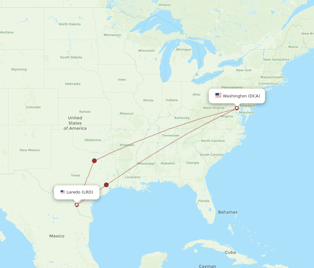 DCA to LRD flights and routes map