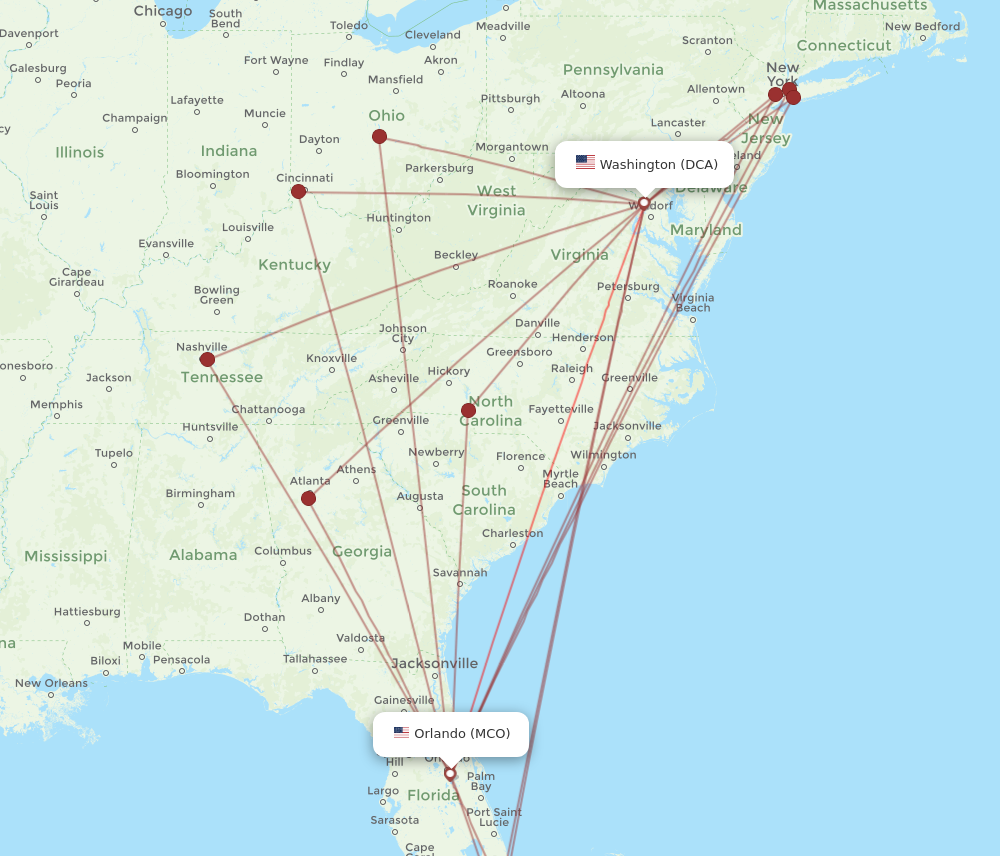 DCA to MCO flights and routes map