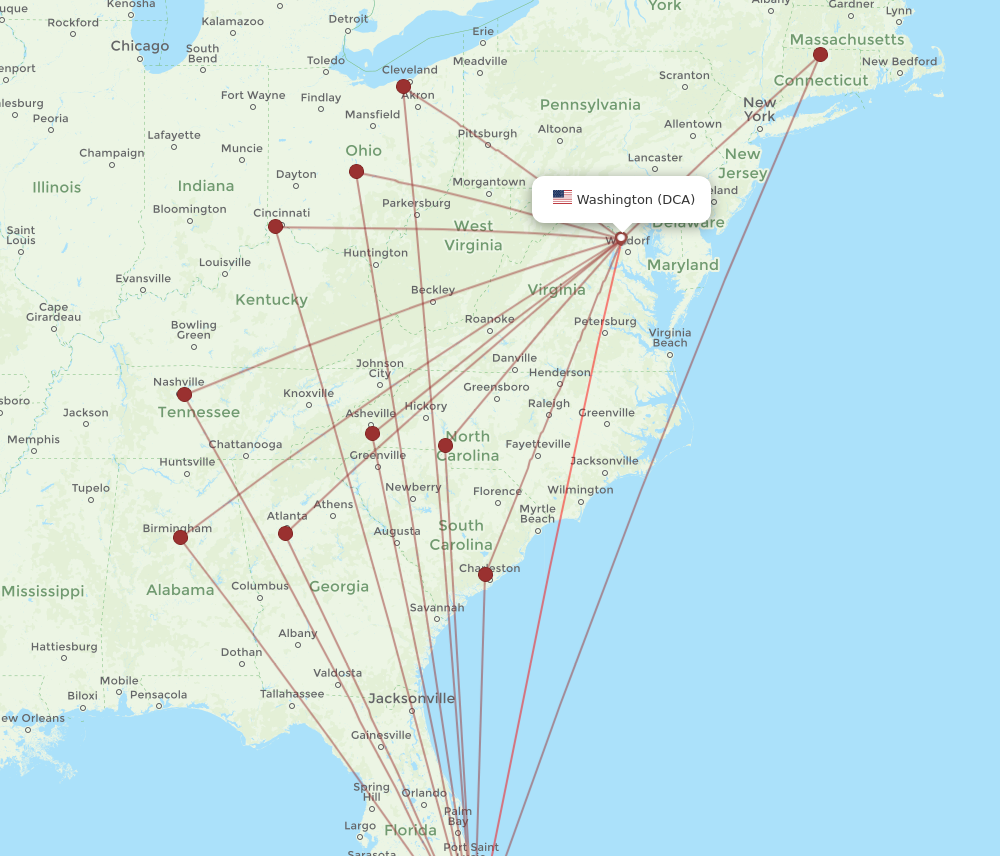 DCA to MIA flights and routes map