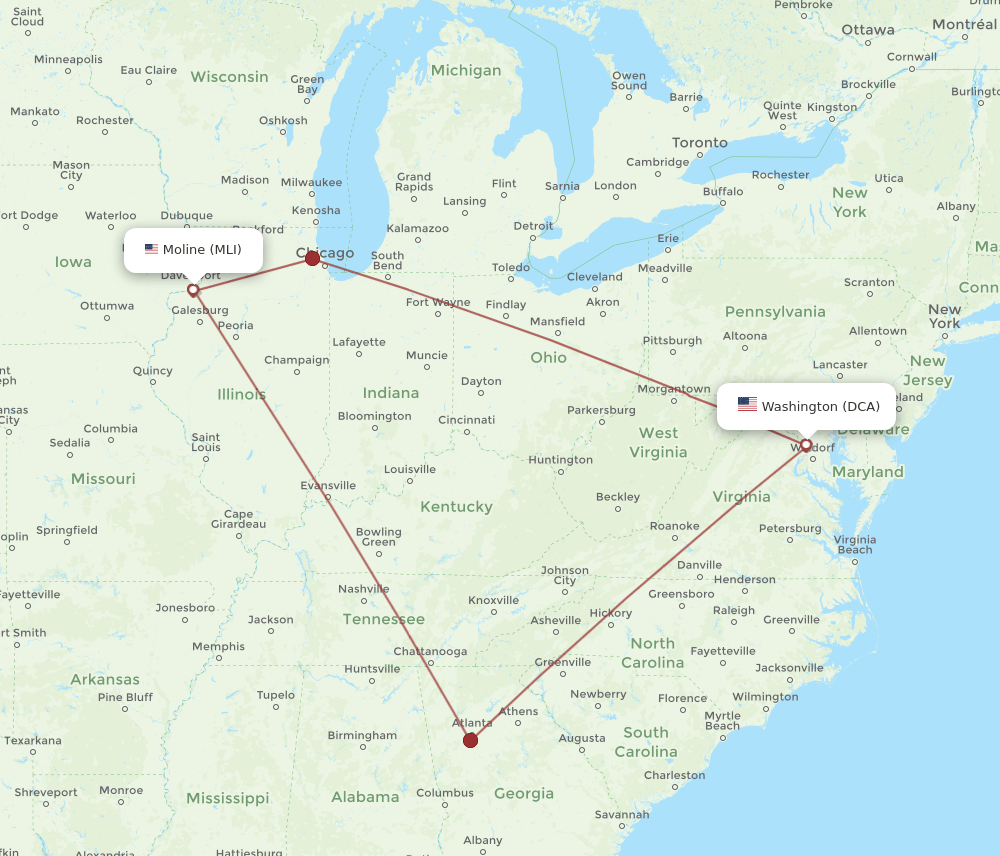 DCA-MLI flight routes