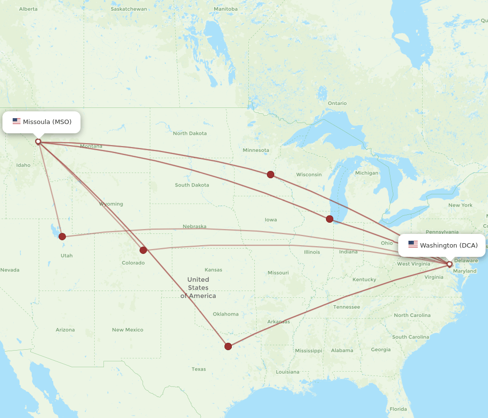 DCA to MSO flights and routes map