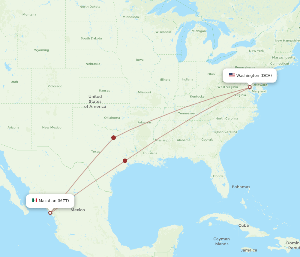DCA to MZT flights and routes map