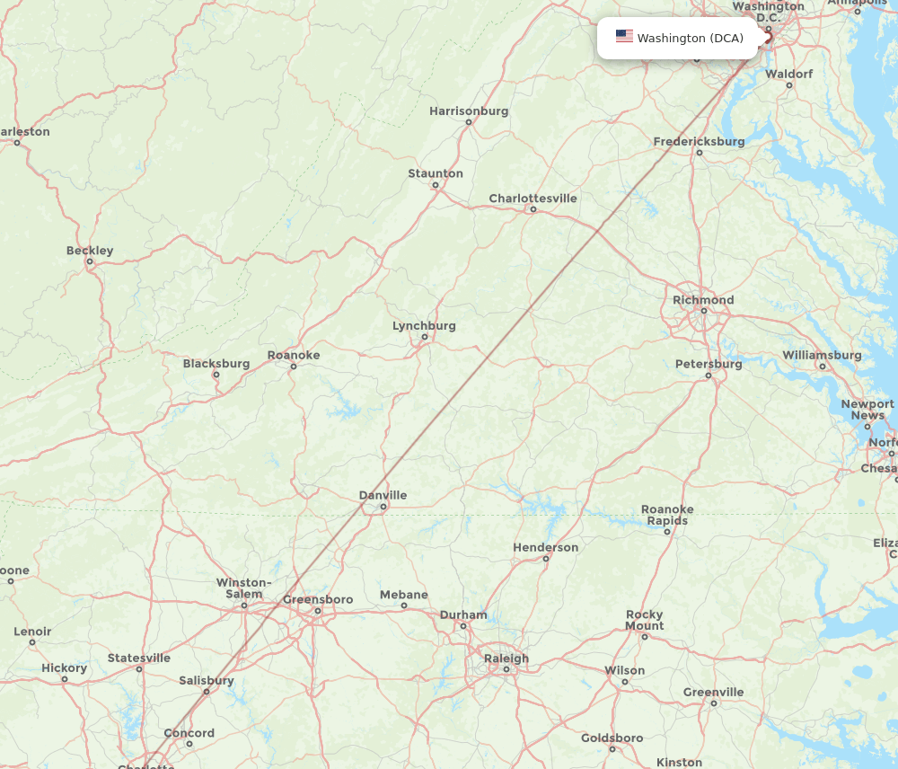 DCA to OAJ flights and routes map