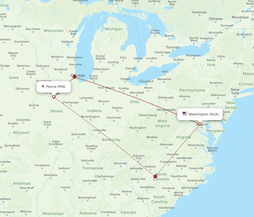 DCA to PIA flights and routes map