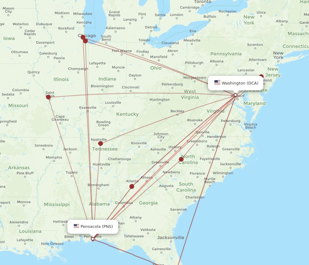 DCA-PNS flight routes