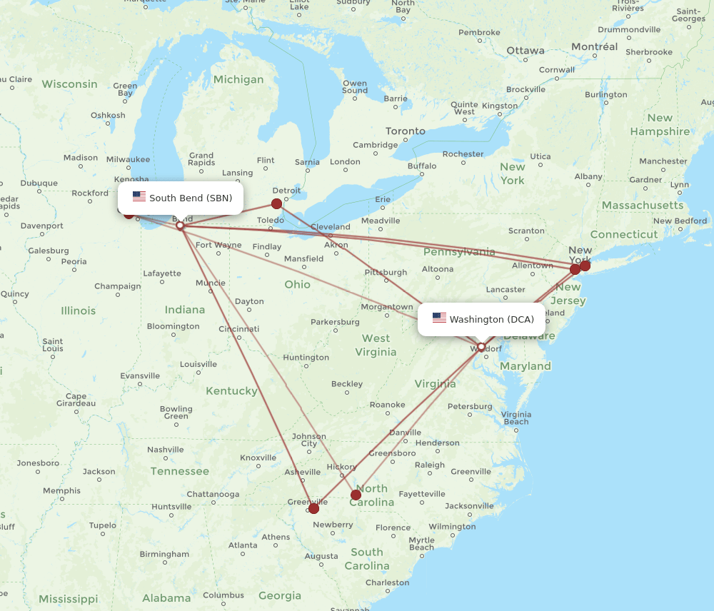 DCA-SBN flight routes