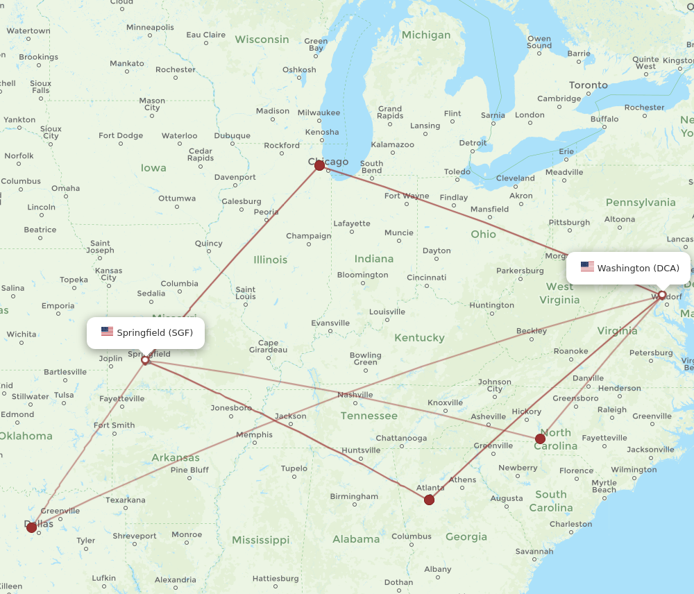 DCA to SGF flights and routes map