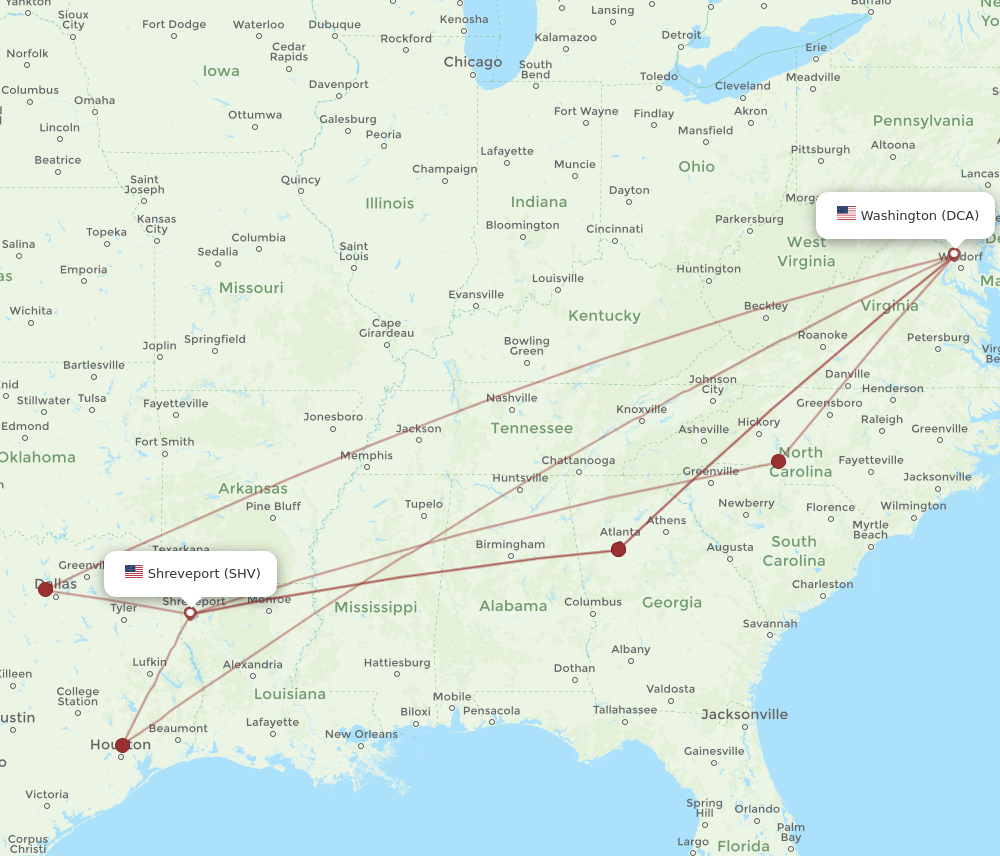 DCA to SHV flights and routes map