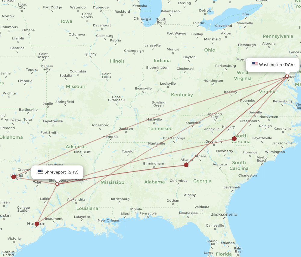 DCA to SHV flights and routes map