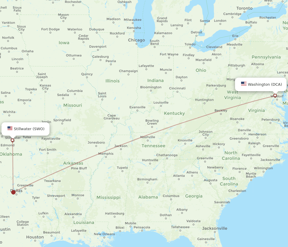 DCA to SWO flights and routes map
