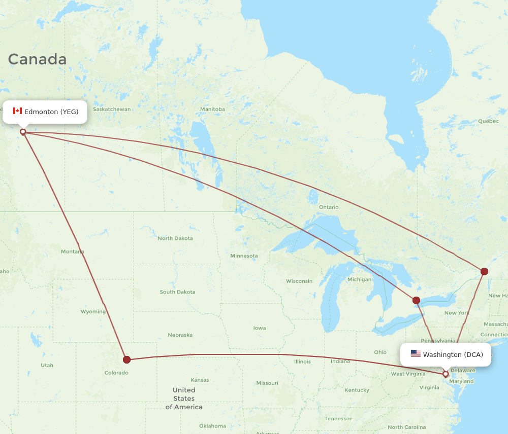 DCA to YEG flights and routes map