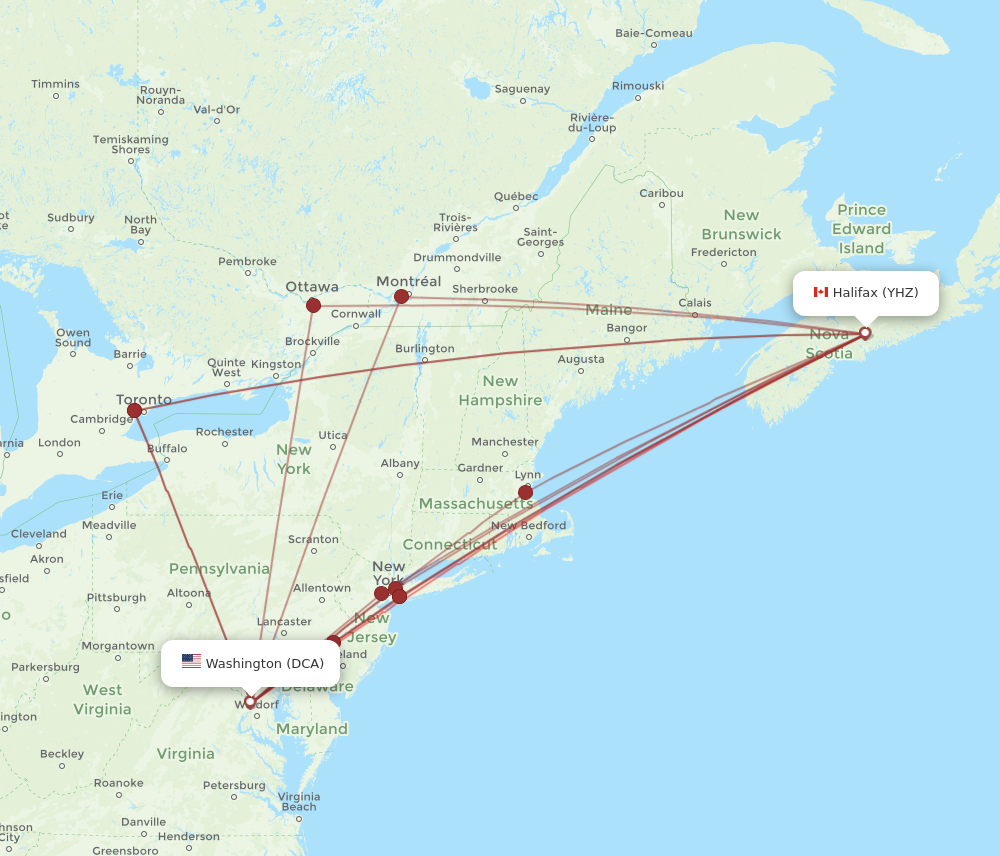 DCA to YHZ flights and routes map