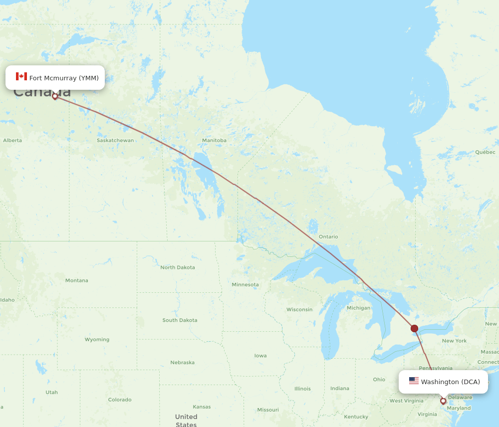 DCA to YMM flights and routes map