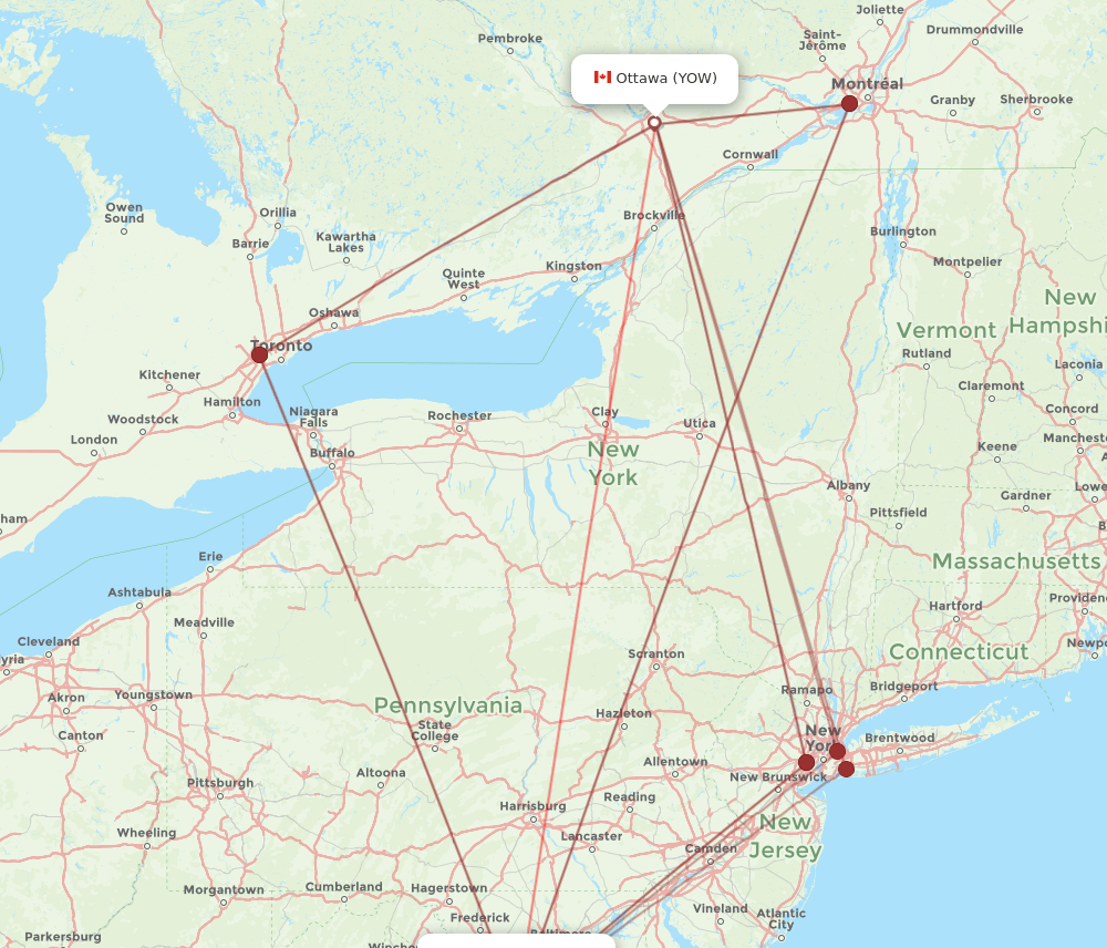 DCA to YOW flights and routes map