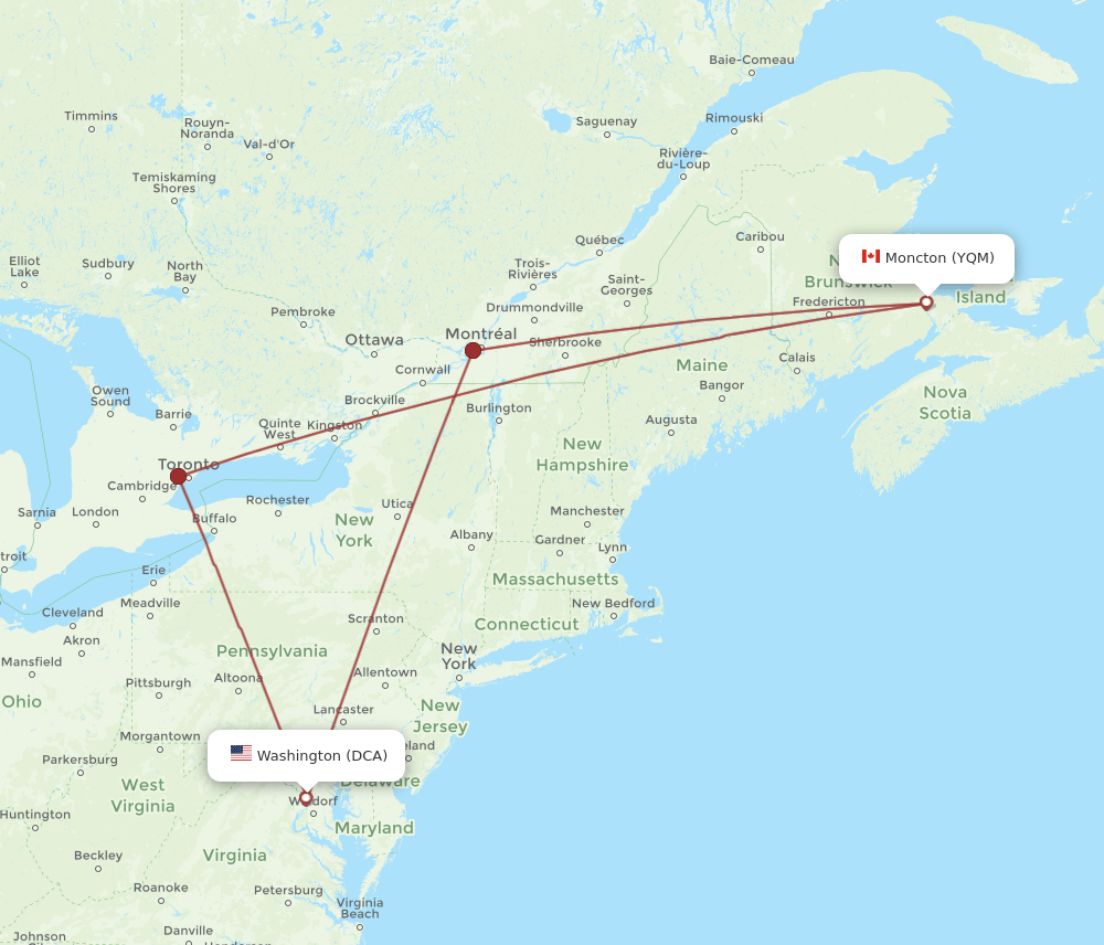 DCA to YQM flights and routes map