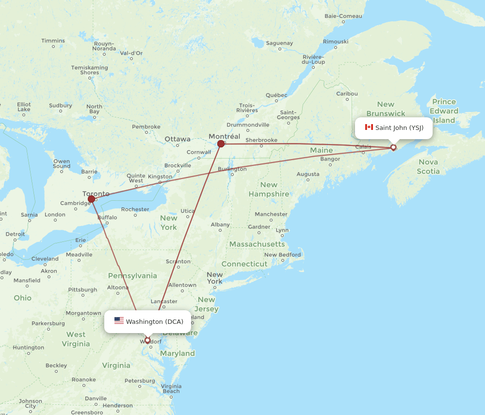 DCA to YSJ flights and routes map