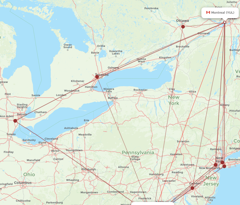DCA to YUL flights and routes map