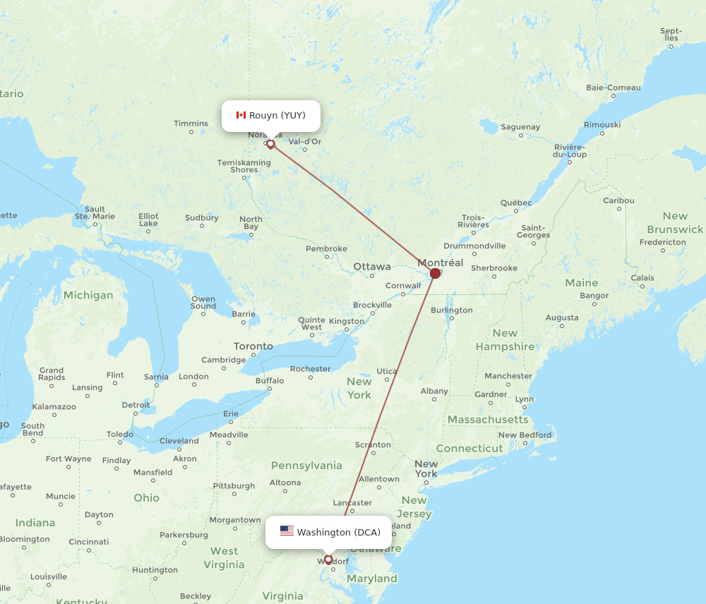 DCA to YUY flights and routes map