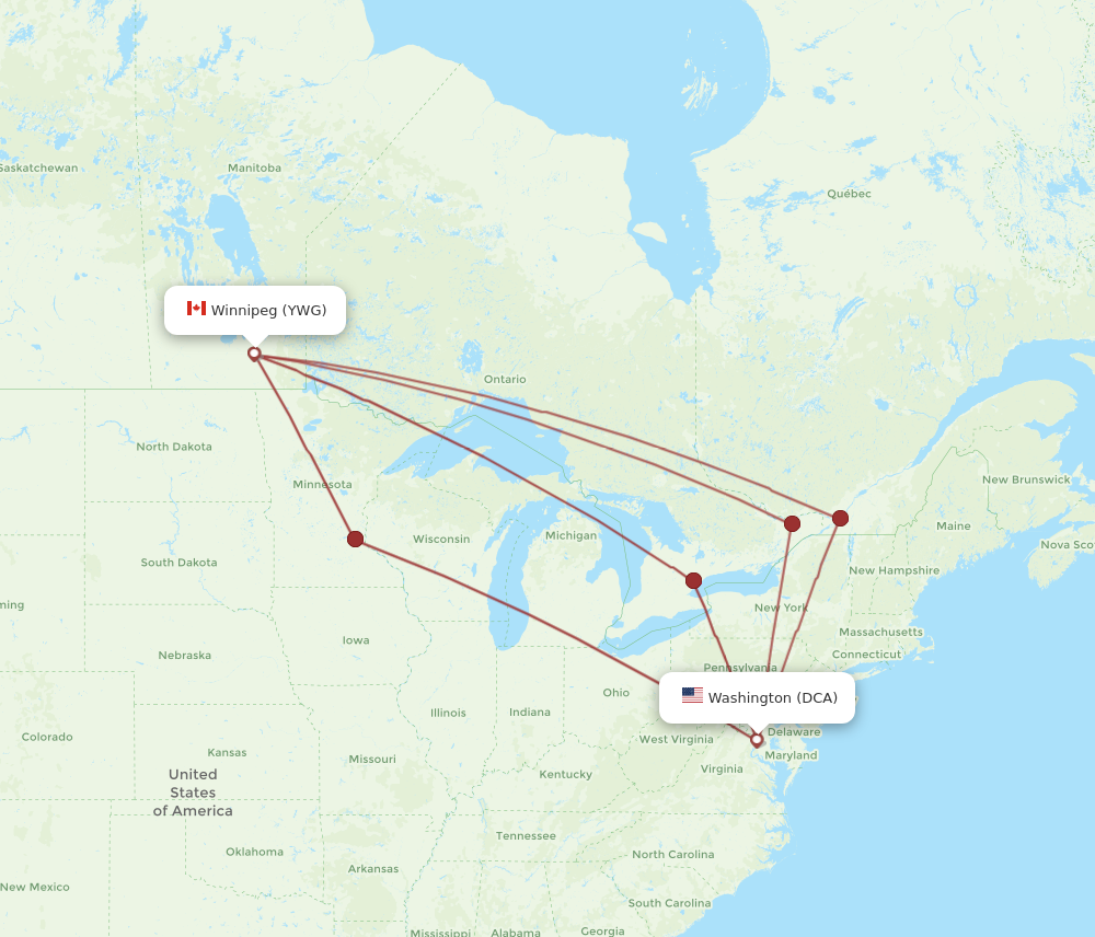 DCA to YWG flights and routes map