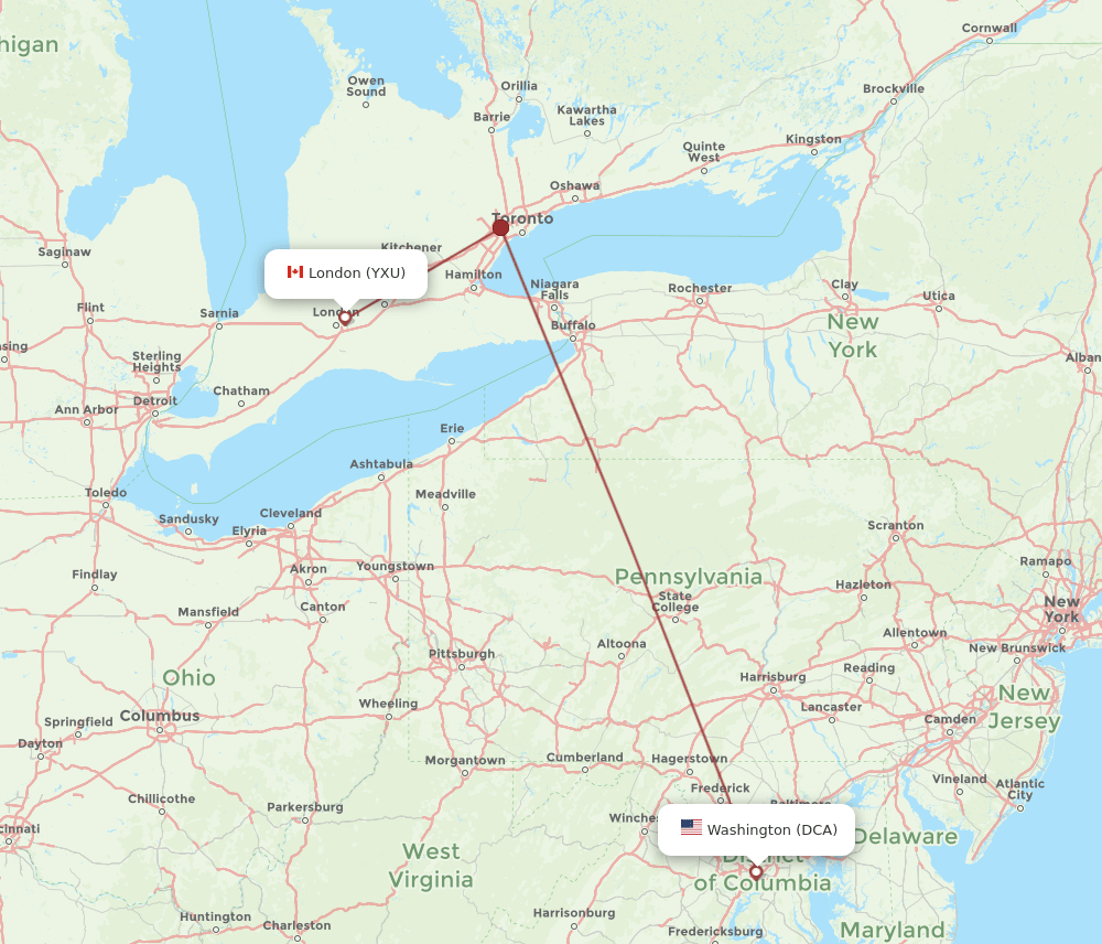 DCA-YXU flight routes